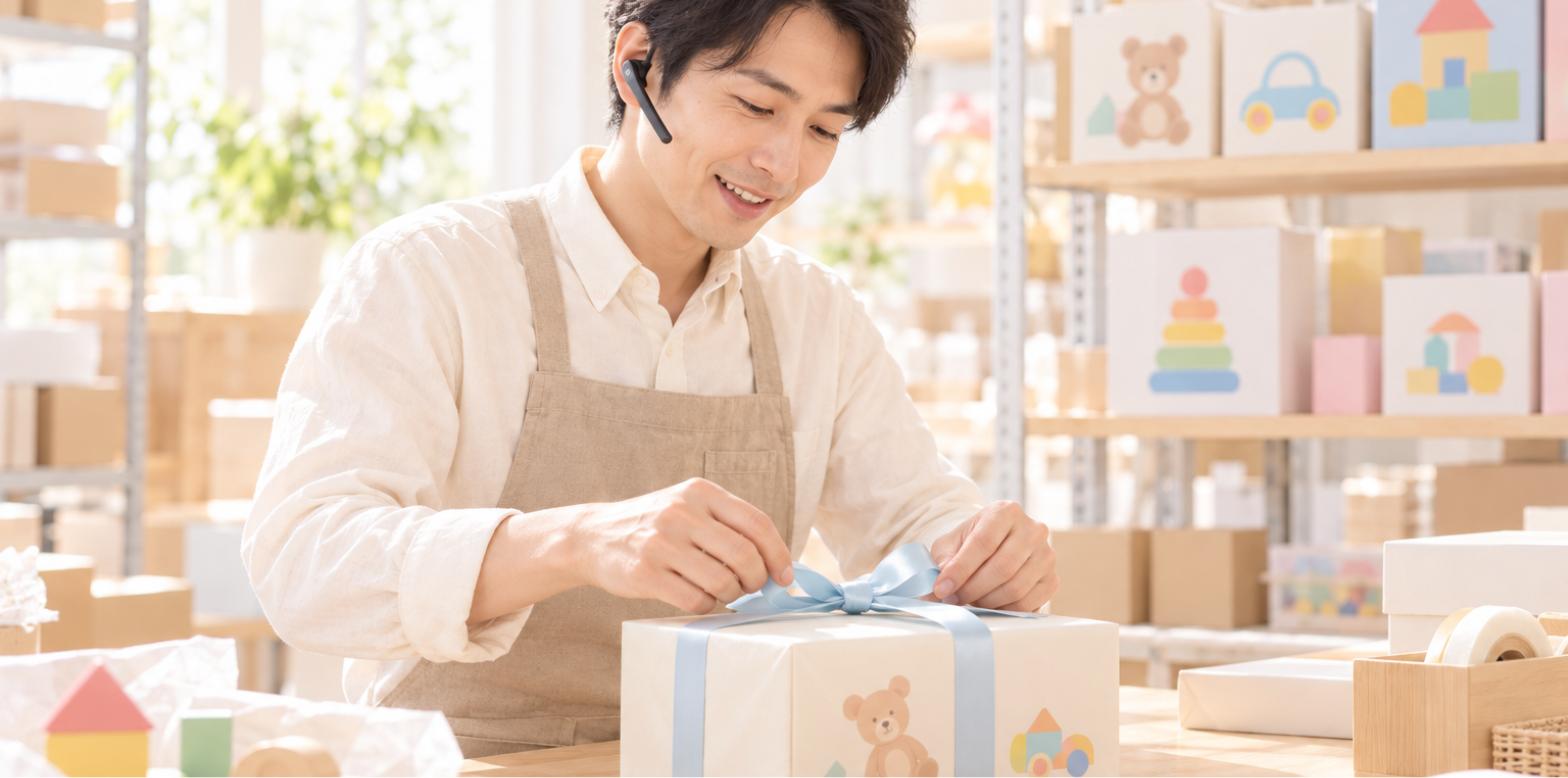 電話で相談に応じながらギフト包装をするスタッフ